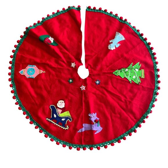 Vintage Handmade Felt Christmas Tree Skirt // Red & Green Pompom Trim - Picture 1 of 8